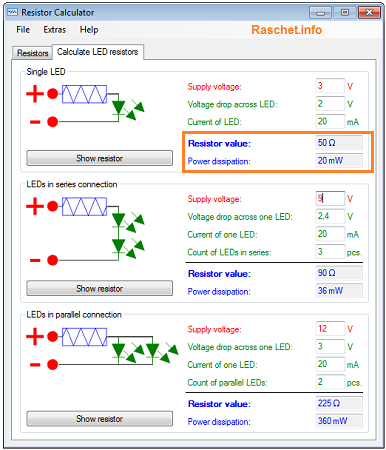 Программа Resistor_Calculator - расчет резистора для одного светодиода