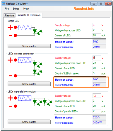 Программа Resistor_Calculator - расчет резистора при последовательном соединении светодиодов