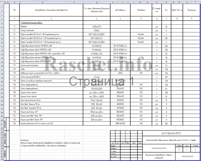 Спецификация оборудования и материалов в Excel