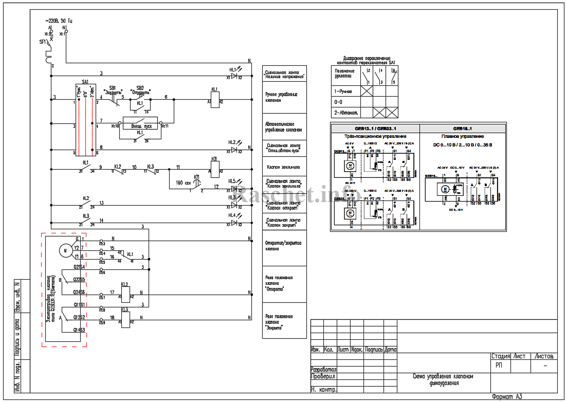 Cхема управления клапаном дымоудаления с приводом типа GEB331.1Е