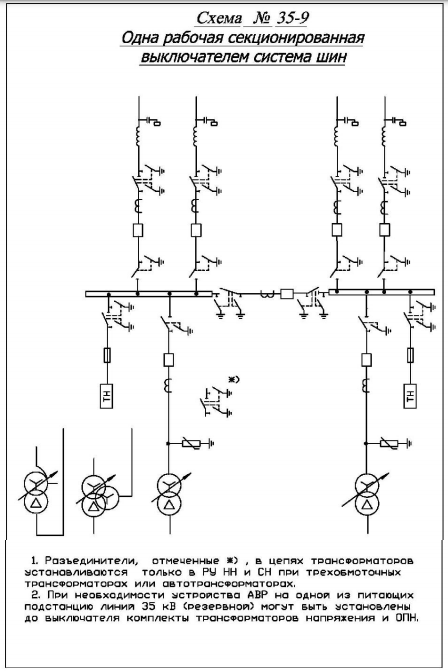 Схема №35-9 Одна рабочая, секционированная выключателем, система шин